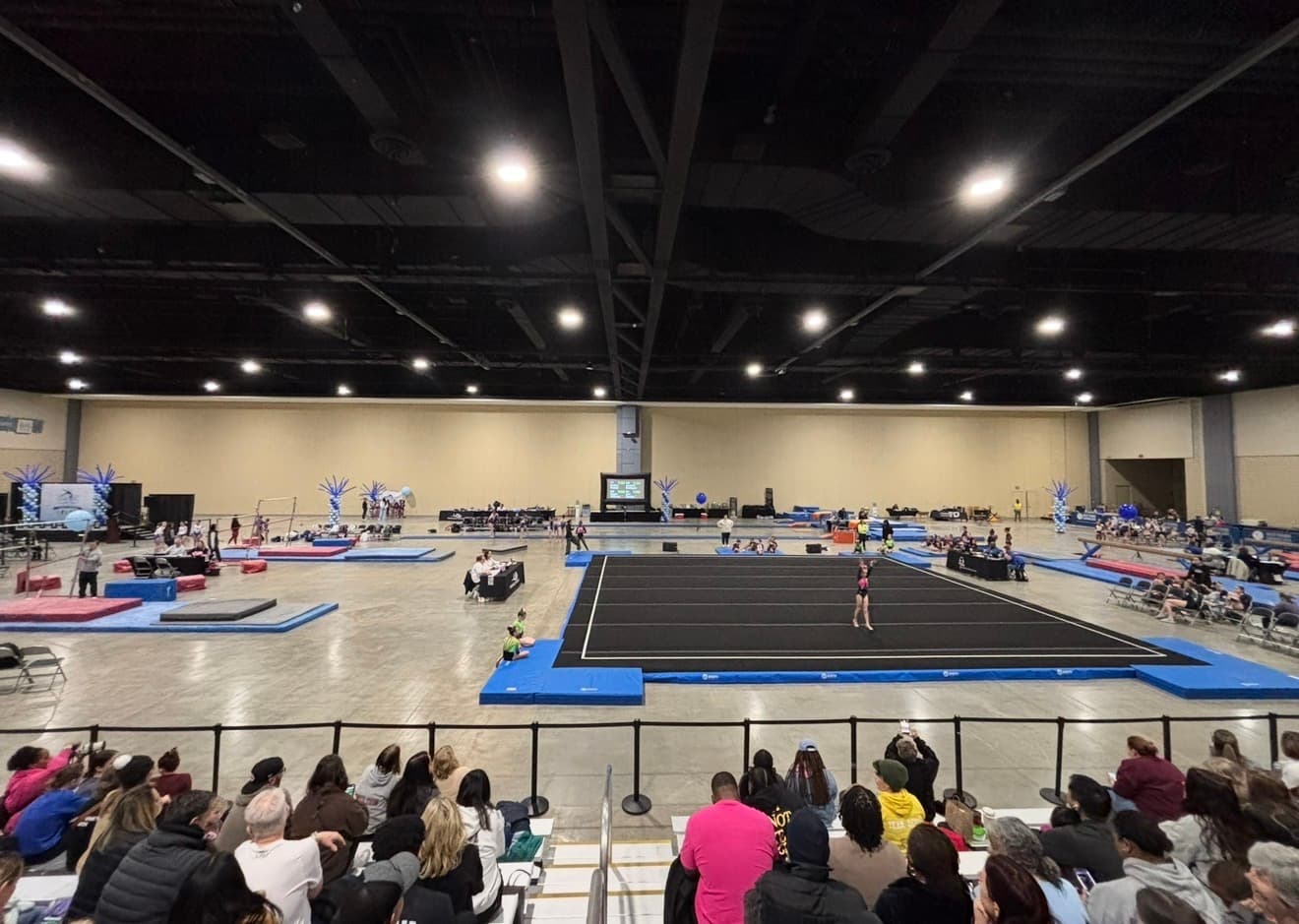 A gymnast competing on the floor exercise as a packed crowd watches from the stands.